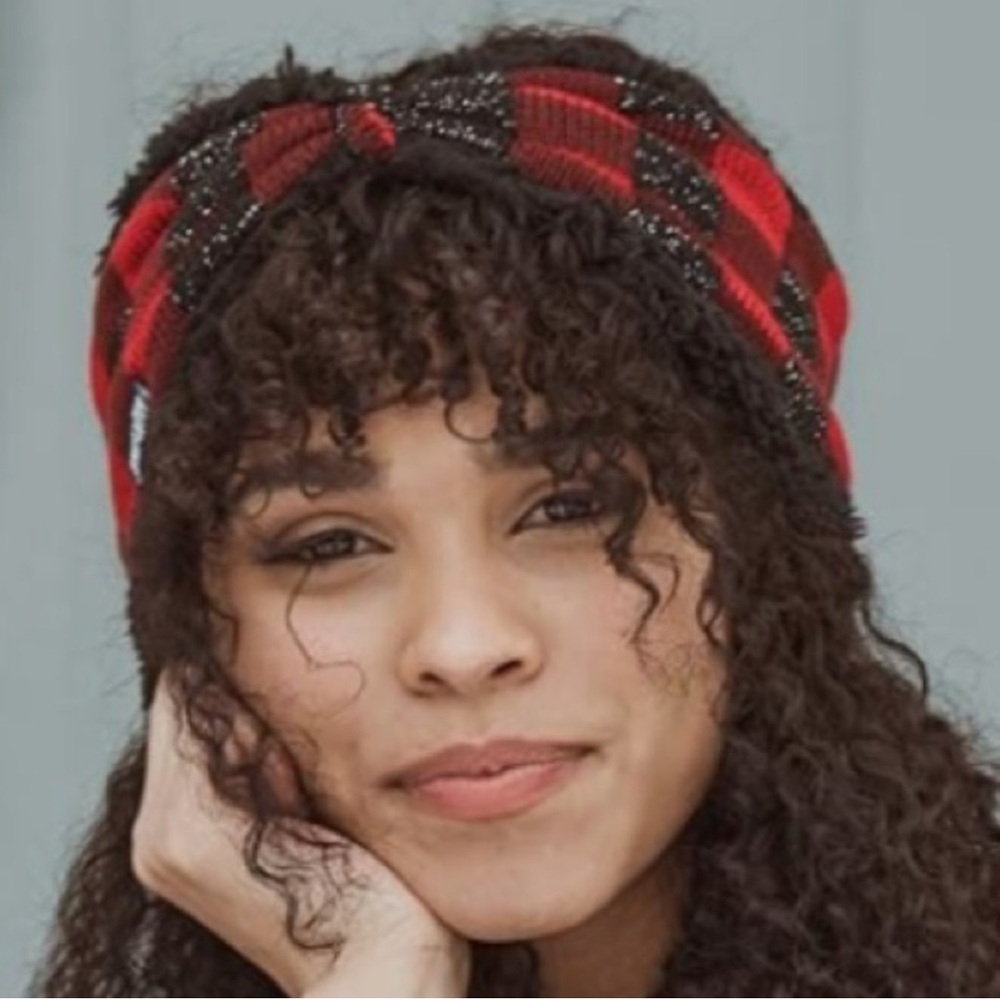 MUK LUKS Buffalo Plaid Reversible Headband in Dark Red/Black with Faux Fur - Picture 16 of 16